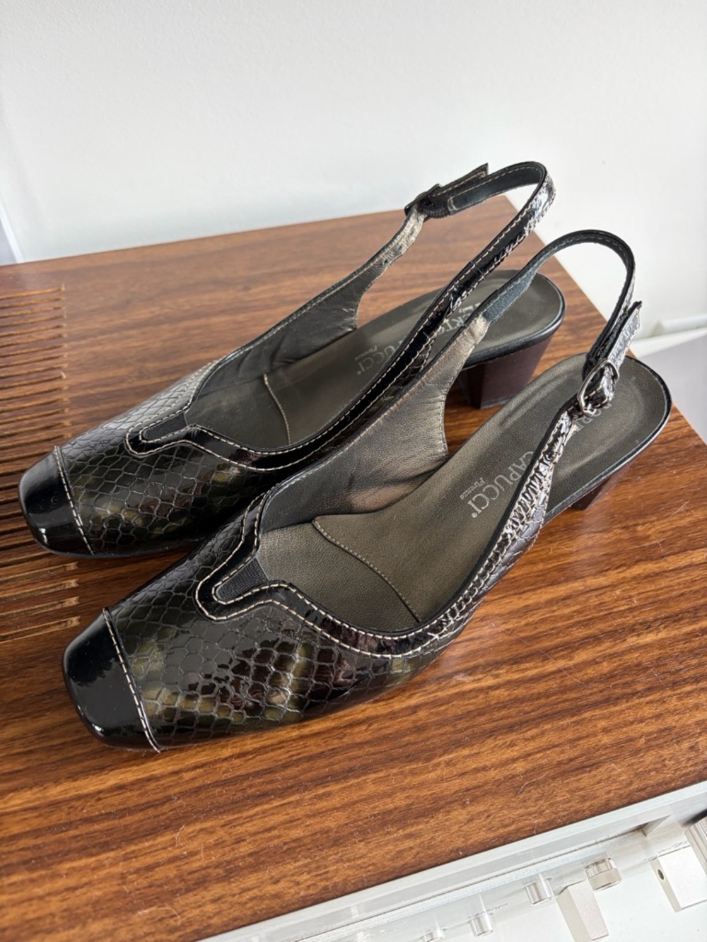 Patent Snake-Print Slingback Block Heels in Black